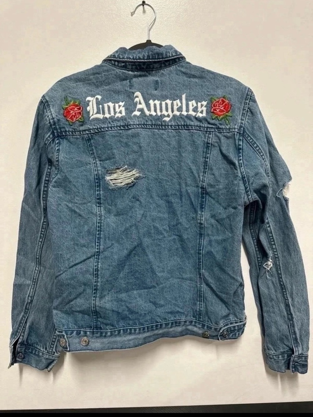 PacSun Blue Denim Jacket with 'Los Angeles' Embroidery and Red Rose Patches